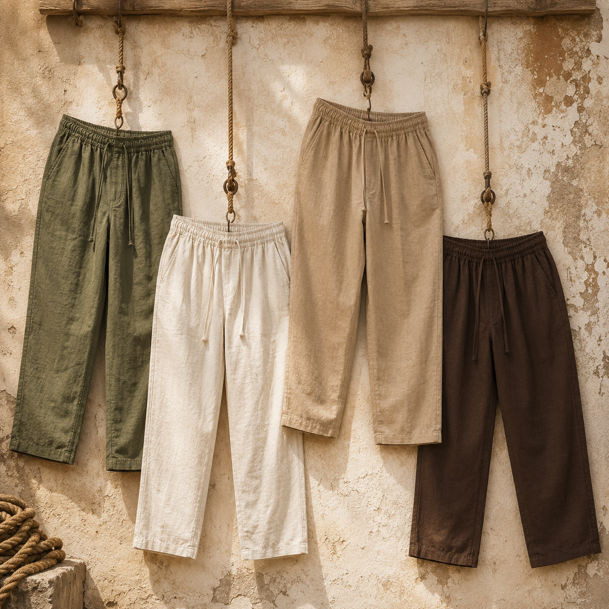 Pantaloni SEADOG in tonalità naturali appesi a corde su una parete materica